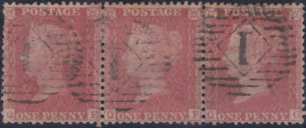 83989 1861 DIE 2 1D PLATE 64 VERY RARE USED STRIP OF THREE (SG40)(QE QF QG).