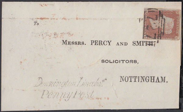 84011 - 1846 LINCS/'DONNINGTON LINCOLNS PENNY POST' HAND STAMP (LI255). Front and rear flap Spalding to
