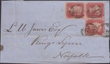 84025 1861 DIE 2 1D PL.64 (SG40)(AK AL BK) THREE USED EXAMPLES FROM THIS RARE PLATE ON COVER LONDON TO KINGS LYNN.