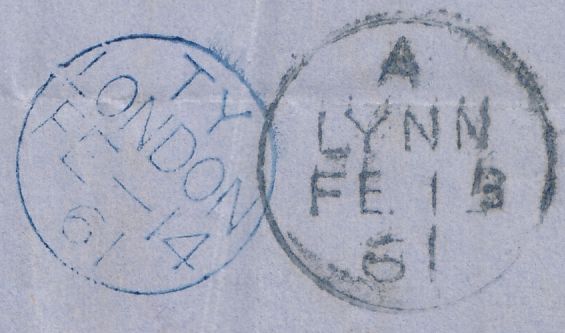 84025 1861 DIE 2 1D PL.64 (SG40)(AK AL BK) THREE USED EXAMPLES FROM THIS RARE PLATE ON COVER LONDON TO KINGS LYNN.