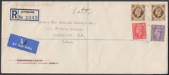 84058  1950 AIR MAIL LEYTONSTONE TO USA WITH THREE COLOUR FRANKING.