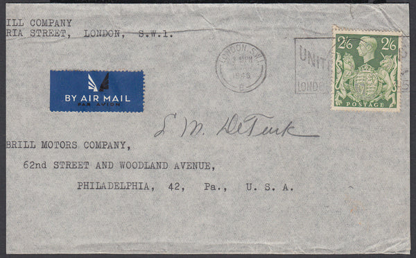 84154 - 1946 MAIL LONDON TO USA 2/6D YELLOW-GREEN (SG476b). Envelope (slightly trimmed at left) London to...