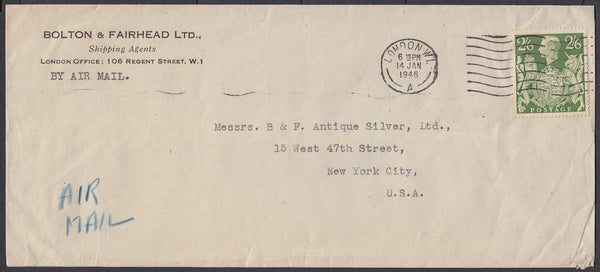 84155 - 1946 MAIL LONDON TO USA/2/6 YELLOW-GREEN (SG476b) Large envelope (227x101mm) London to New York with ...