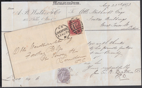 84258 - 1873 1D RED(SG43)PL.103 AND 1D REVENUE USAGE. Envelope Liverpool...