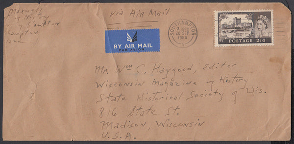84272 1960 AIR MAIL SOUTHAMPTON TO USA WITH 2/6D CASTLE.