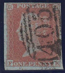 84321 - PL.134 (FK)(RED-BROWN ON VERY BLUED PAPER SG8a). Good used 1852 1d pl.134