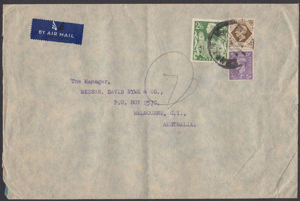 84423 - KGVI MAIL LONDON TO AUSTRALIA/2/6D YELLOW-GREEN (SG476b). Large envelope (230x150mm) London to Melbourne, Aus...