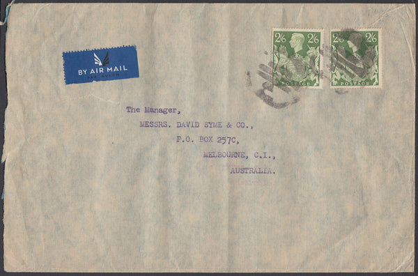 84424 - KGVI MAIL LONDON TO AUSTRALIA/2/6 YELLOW-GREEN (SG476b) x2. Large envelope (228x150mm) London to Melbourne, Aus...
