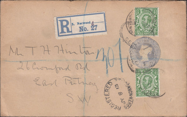84430 - 1913 REGISTERED MAIL EX NORWOOD WITH DOWNEY HEADS AND QV 2D CUT OUT. envelope sent registered mail Norwood to East...