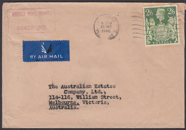 84448 - 1946 MAIL BRADFORD (YORKS) TO AUSTRALIA 2/6D YELLOW-GREEN (SG476b). Envelope Bradford, Yorks to Melbourne, Austra...