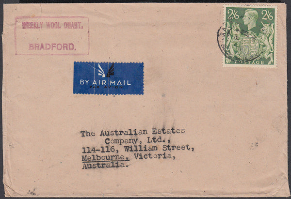 84449 - KGVI MAIL BRADFORD (YORKS) TO AUSTRALIA. Undated envelope Bradford, Yorks to Melbourne, Austra...