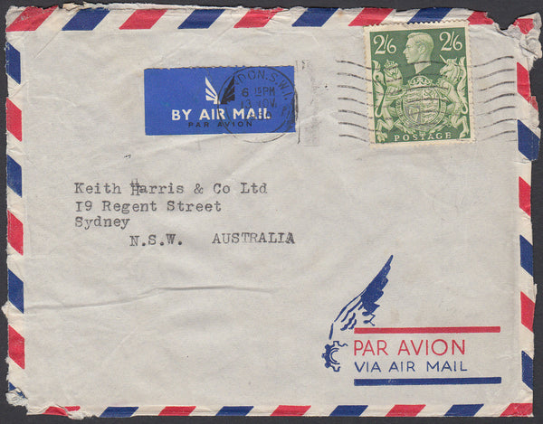 84452 - 1950 MAIL LONDON TO AUSTRALIA 2/6D YELLOW-GREEN (SG476b). Envelope (some faults) London to Australia wi...
