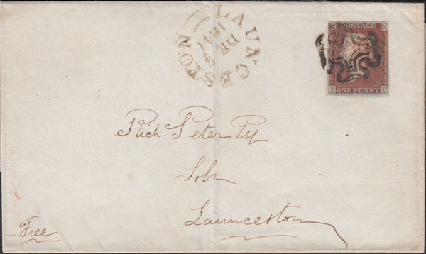84465 1841 1D PL.9 IN RED (SG7) LETTERED FD IN SECOND STATE (SPEC.AS61) ON COVER DEVONPORT TO LAUNCESTON.
