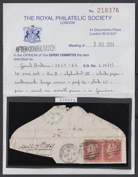 84514 1861 PIECE WITH HORIZONTAL PAIR VERY RARE DIE 2 1D PL.65 (SG40)(EF EG).