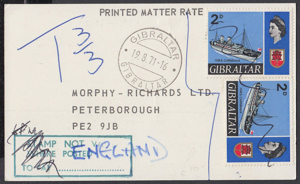 84529 - 1971 PRINTED MATTER RATE/UNDERPAID MAIL GIBRALTAR TO PETERBOROUGH. Post card ...