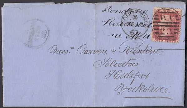 84599 - 1863 DIE 2 RESERVE PL.16 (LL)(SG40b) ON COVER LONDON TO HALIFAX.  1863 letter Grays Inn ...