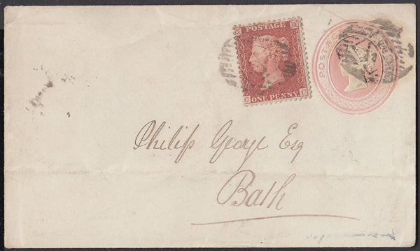 84607 - 1857 1D PINK ENVELOPE UPRATED 1D RED-BROWN ON BLUED PAER (SG29). A fine 1d pink envelope London to Bath uprated with ...