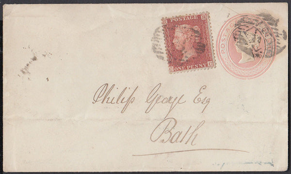 84607 - 1857 1D PINK ENVELOPE UPRATED 1D RED-BROWN ON BLUED PAER (SG29). A fine 1d pink envelope London to Bath uprated with ...