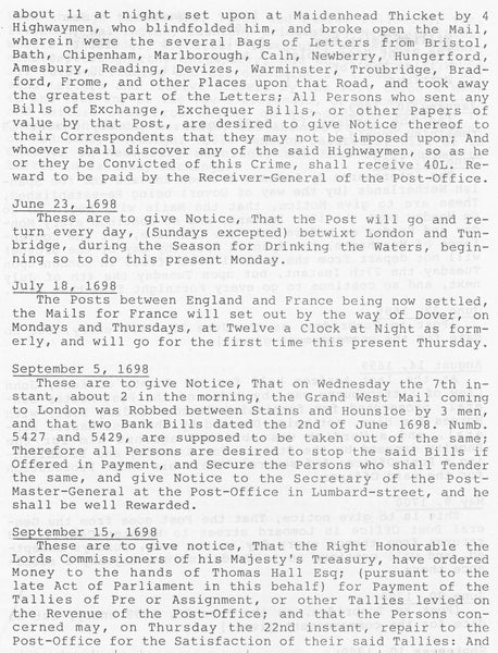 84789'POST OFFICE NOTICES: EXTRACTED FROM THE LONDON GAZETTE 1666-1800'by Haslam and Moreton.