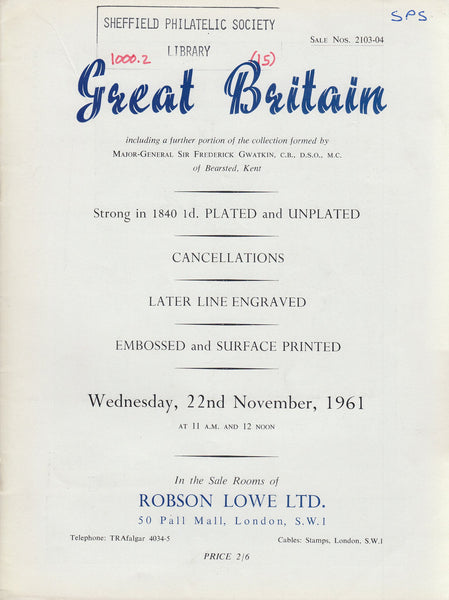 84949 GREAT BRITAIN: Robson Lowe auction catalogue November 1961.