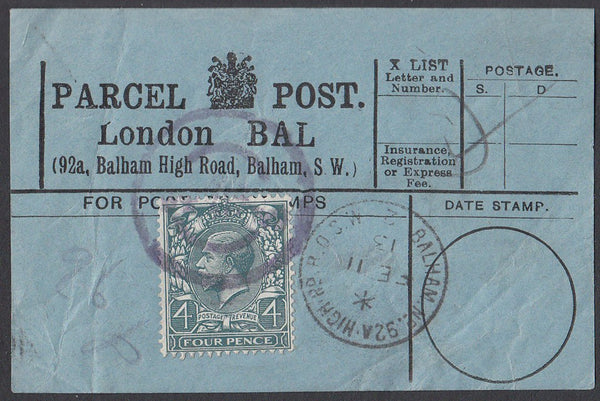 85163 - PARCEL POST LABEL. 1913 blue label London BAL (Bal...