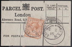 85192 - PARCEL POST LABEL. 1915 label London (Akerman Road...