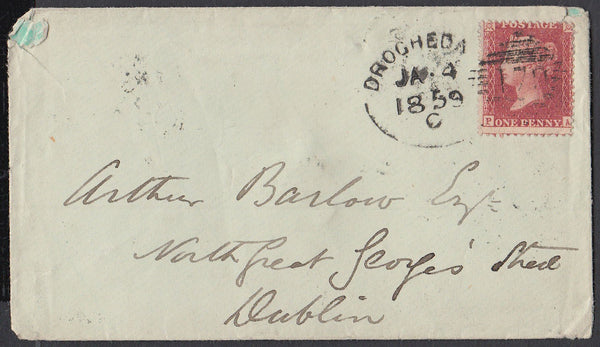 85235 - DROGHEDA/179 IRISH TYPE SPOON ON COVER (RA25). 1859 envelope Dr...