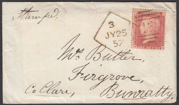 85294 - DUBLIN DIAMOND SPOON CODE 3 (RA65) ON COVER. 1857 envelope