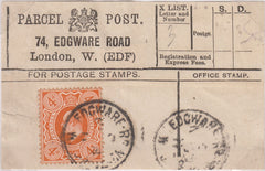 85325 - PARCEL POST LABEL. 1911 label 74 EDGWARE ROAD LOND...