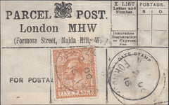 85334 - 1916 LONDON PARCEL POST LABEL. Good label, slight imperfections on reverse, 'LONDON MHW (Formosa ...