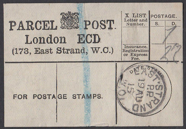 85337 - PARCEL POST LABEL. 1915 label LONDON ECD (173 East...