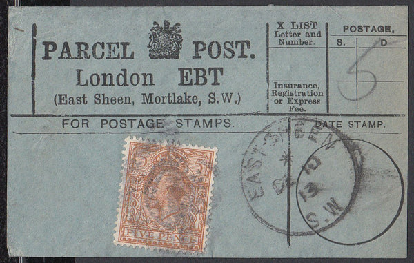 85352 - PARCEL POST LABEL. 1913 label LONDON EBT (East She...