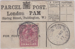 85353 - PARCEL POST LABEL. 1917 label LONDON PAM (Spring S...