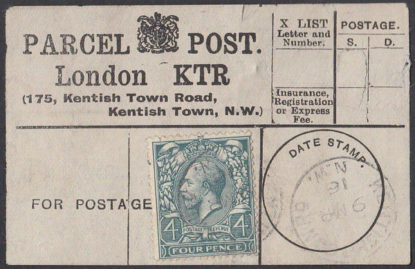85359 - PARCEL POST LABEL. 1916 label LONDON KTR (175 Kent...