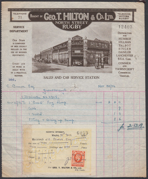 85375 - 1936 2D PHOTOGRAVURE (SG442) ON DOCUMENT AS REVENUE. Fine attractive illustrated Invoice from Rugby ...