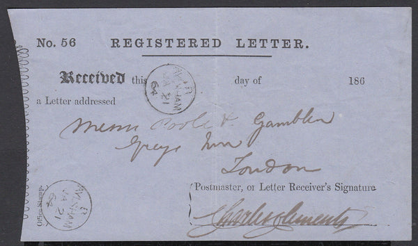 85440 - NORFOLK. 1864 registered letter receipt concerning...