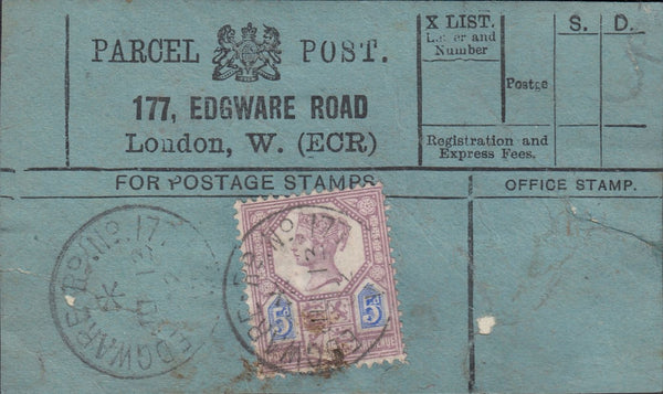 85470 - PARCEL POST LABEL. 1902 label 177 EDGWARE ROAD Lon...