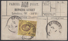 85550 - PARCEL POST LABEL. 1902 label BERNERS STREET, Lond...