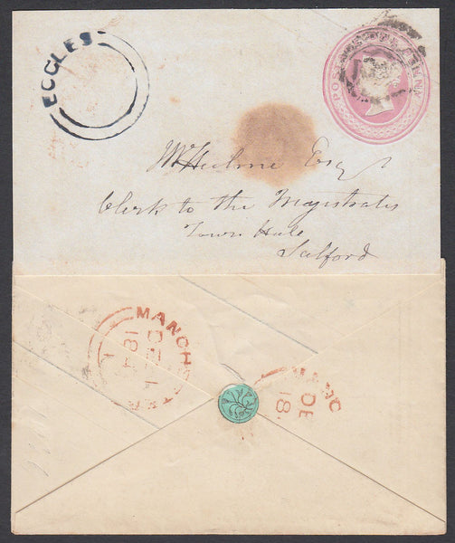 85671 CIRCA 1845 1D PINK ENVELOPE TO SALFORD WITH 'ECCLES' UDC IN DARK BLUE AND GREEN AND RED-BROWN WAFER SEAL DEPICTING A FLOWER.