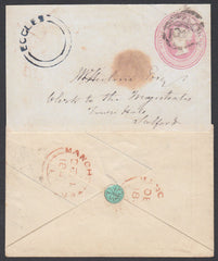 85671 CIRCA 1845 1D PINK ENVELOPE TO SALFORD WITH 'ECCLES' UDC IN DARK BLUE AND GREEN AND RED-BROWN WAFER SEAL DEPICTING A FLOWER.