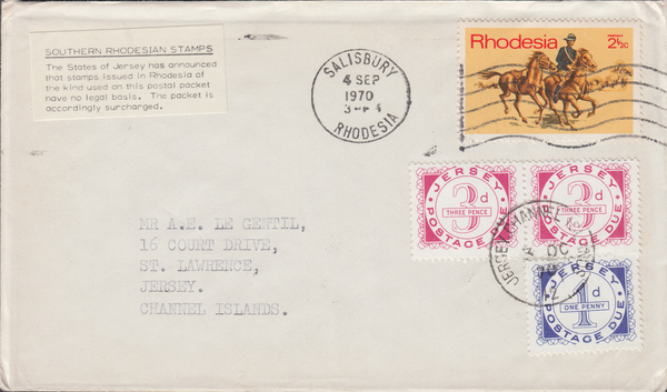 85924 - 1970 NON-ACCEPTANCE RHODESIAN STAMPS INCOMING MAIL TO JERSEY. 1970 envelope Sal...