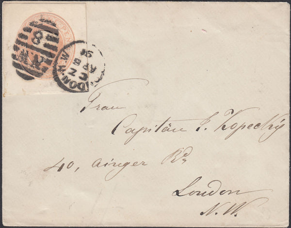 85956 - 1891 1D PINK POSTAL STATIONERY CUT OUT USED ON ENVELOPE. Envelope used loca...