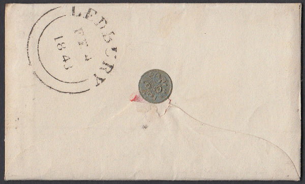 85974 1843 ENVELOPE TEWKESBURY TO LEDBURY, POSTAGE PAID IN CASH WITH GREEN AND GOLD WAFER SEAL DEPICTING A FLOWER.
