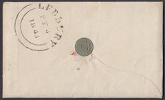 85974 1843 ENVELOPE TEWKESBURY TO LEDBURY, POSTAGE PAID IN CASH WITH GREEN AND GOLD WAFER SEAL DEPICTING A FLOWER.