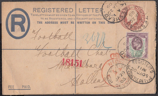 86050 - 1905 REGISTERED MAIL GATESHEAD TO HOLLAND/FOOTBALL. Fine KEDVII 3d red-brown registered enve...