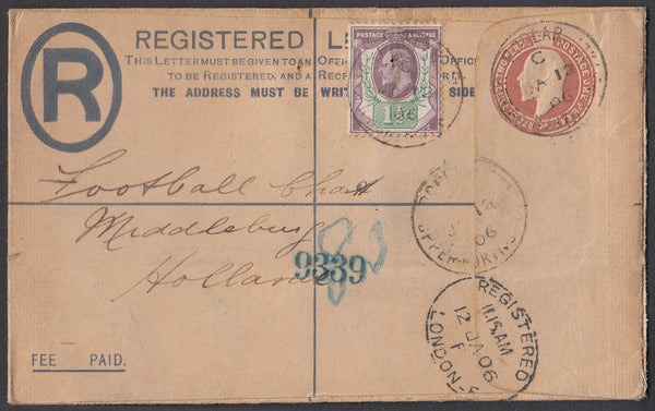 86053 - 1906 REGISTERED MAIL POPLAR TO HOLLAND/FOOTBALL. Fine KEDVII 3d red-brown registered enve...