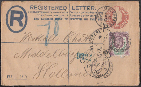 86054 - 1906 REGISTERED MAIL BLACKHEATH TO HOLLAND/FOOTBALL. Fine KEDVII 3d red/brown registered enve...