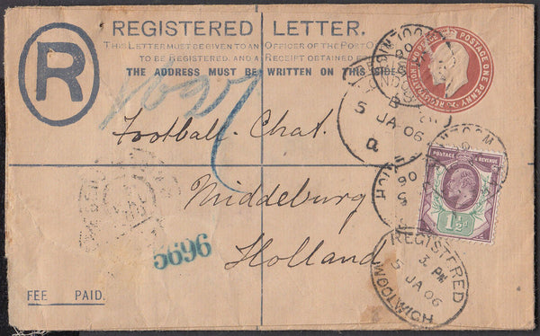 86058 - 1906 REGISTERED MAIL WOOLWICH TO HOLLAND/FOOTBALL. Fine KEDVII 3d red/brown registered enve...