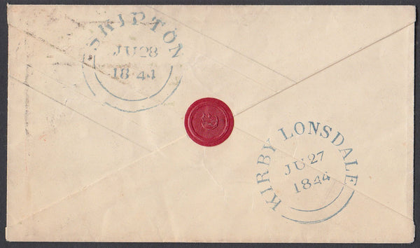 86082 1844 1D PINK ENVELOPE KIRBY LONSDALE, WESTMORLAND TO SKIPTON WITH RED WAFER SEAL GOTHIC 'E' WITHIN.