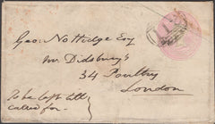 86084 1844 1D PINK ENVELOPE BRAINTREE TO LONDON WITH WAFER SEAL GOTHIC 'J'.